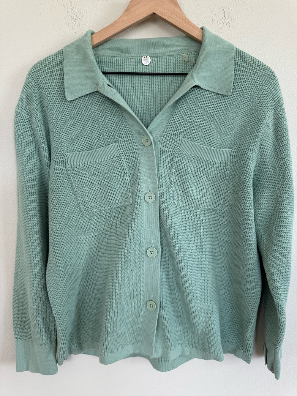Margaret O'Leary Sage Green Cotton Collared Cardigan Sweater Minimalist Small